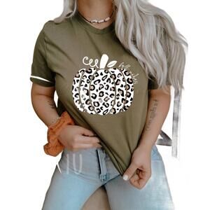 NEW WHITE LABEL fall vibes leopard pumpkin tee in olive
